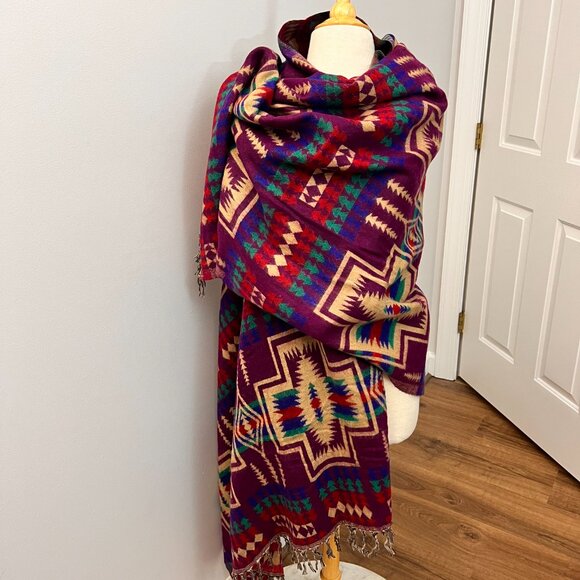 Mexicali Blues Reversible Tan Purple Western Indian Aztec Blanket Scarf - Picture 10 of 14